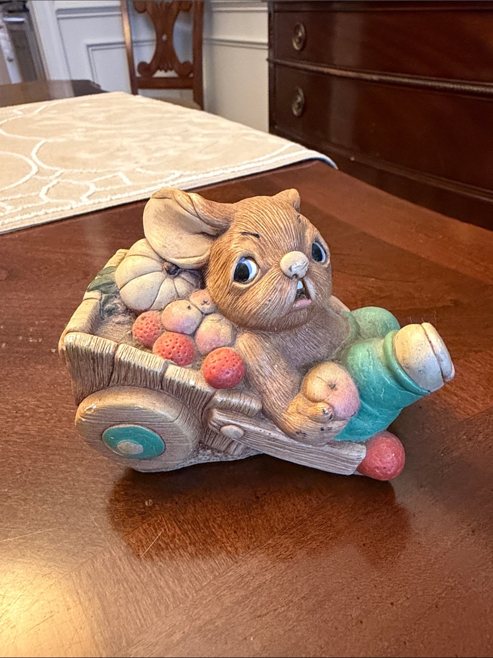 Pendleton Brown Bunny Wheelbarrow Figurine with Green Accents